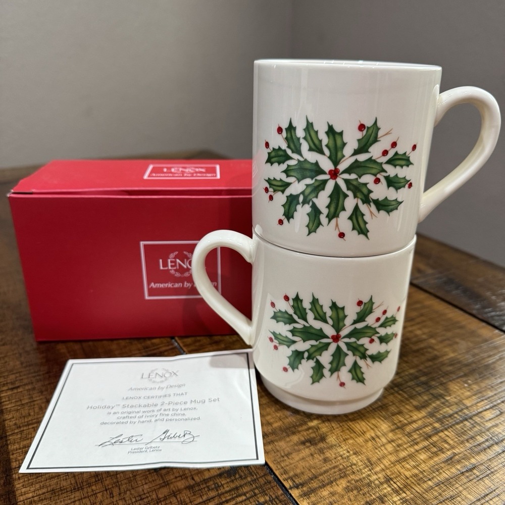 Lenox Holiday Coffee Mug Cup Set of 2 Christmas Holly Brand Stackable